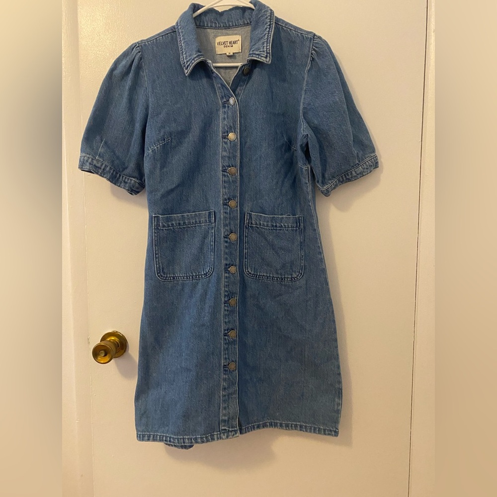Velvet Heart Puff Sleeve Denim Button-Down Dress
